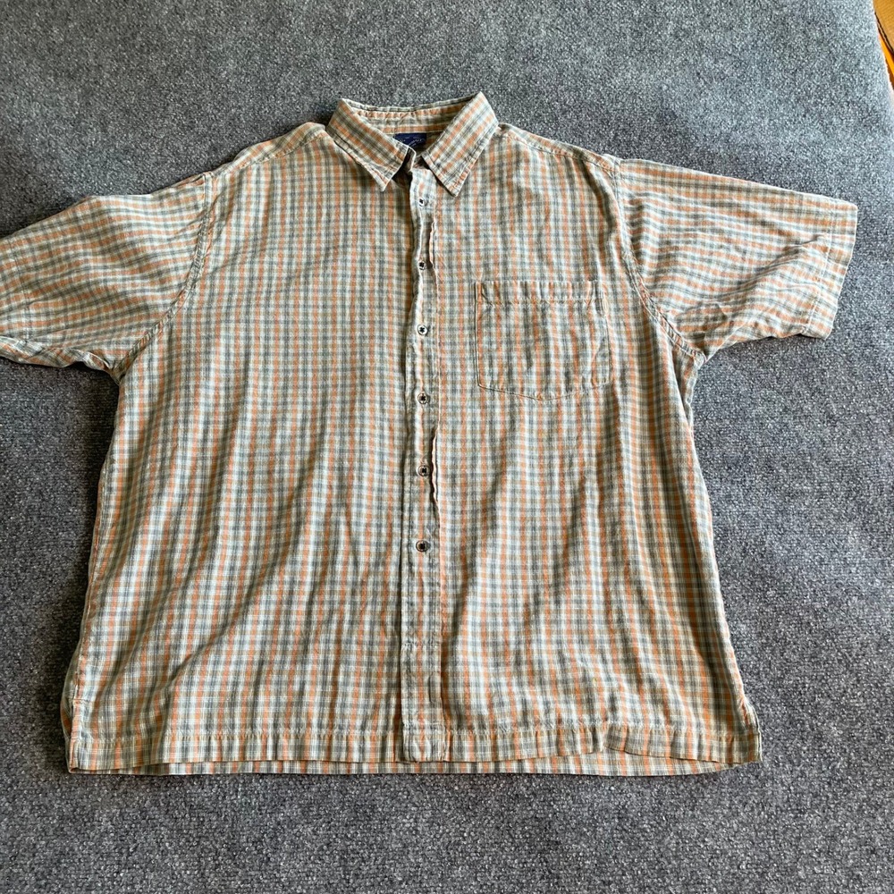 Sideout Mens XL‎ Short Sleeve Button Down Shirt Plaid Grey Orange 100% Cotton